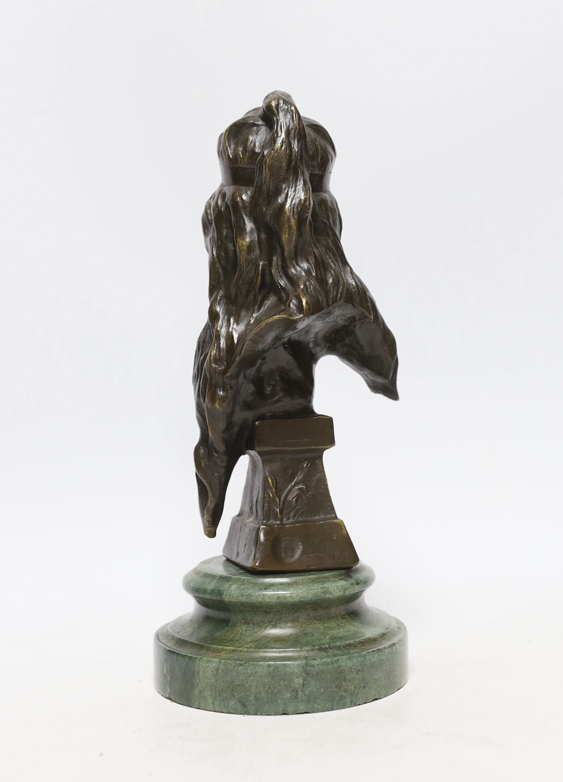 After Emmanuel Villanus (1858-1914), a patinated bronze bust of Carmela, raised on circular base, 26cm high